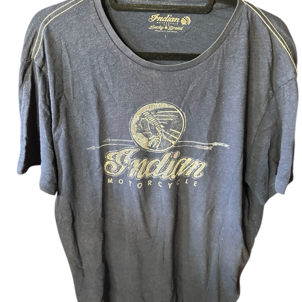 Lucky Brand Blue Indian Motorcycle Tee with distressed vibe .